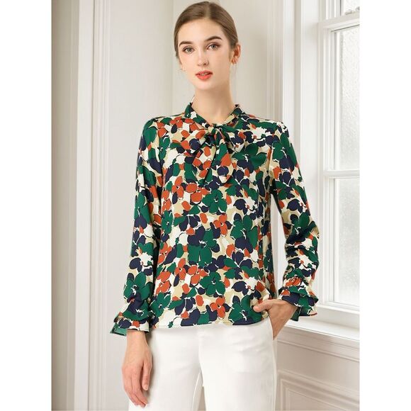 Floral Tie V Neck Blouse Chiffon Ruffle Trumpet Top Green - Picture 2 of 6